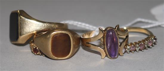 Five assorted 9ct gold and gem set rings.